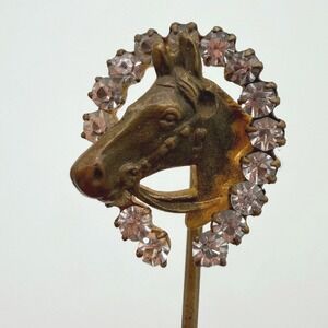 Vintage Horse Head Stick Pin Gold Tone Rhinestone Equestrian Hat Pin